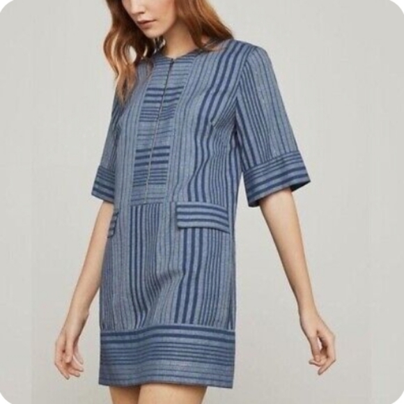 BCBGMaxAzria Blue with Silver Accent Chapbray Shift Dress. Size S - Picture 2 of 5